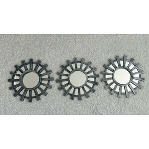 Set Of 3 Sunburst Framed Accent Wall Mirrors Brushed Silver & Black Decor Mirror